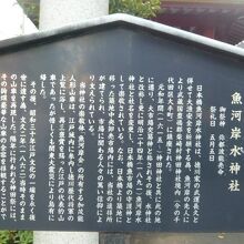 魚河岸水神社の由緒を記した解説板です。鳥居の傍にあります。