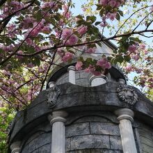八重桜の季節に、動物の彫刻が施された塔