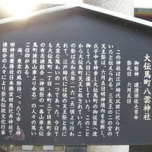 大伝馬町八雲神社の由緒を記載している解説の立札です。