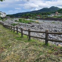 松川上流の左岸から見たこけし橋。（画像奥）