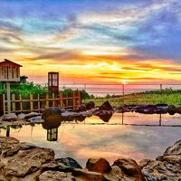 玄界灘の夕焼けを見ながらの露天風呂