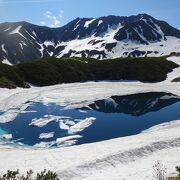 独特の綺麗な青色。池面に写る山がかっこいい