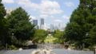 緑の向うに見える高層ビル群