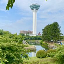 土塁の上からタワーと堀を見る