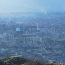 かすんでいるが、京都タワーが見える