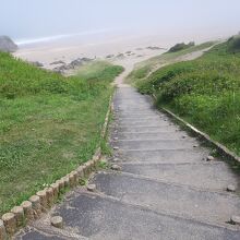 大須賀海岸の北端へと下りて行く階段。この日は霧が濃く…、