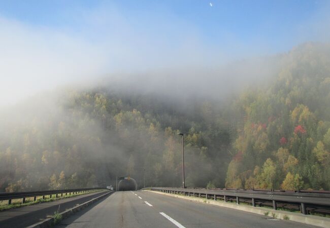 9月下旬、幻想的な霧と紅葉の風景