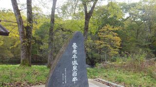 牧草地が広がる中の温泉