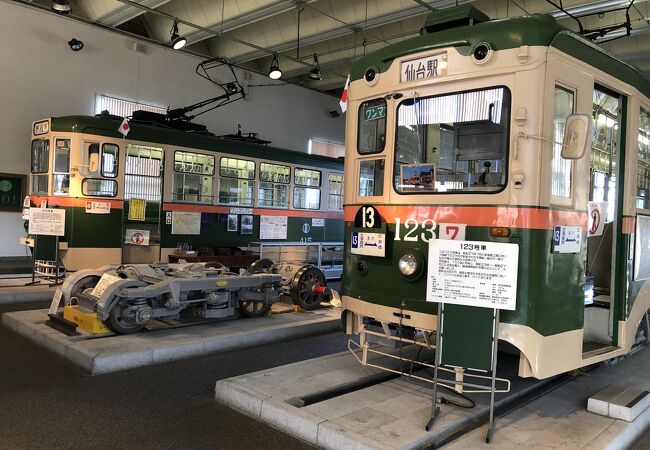 今は廃止された仙台市電の実車3台と台車などを展示