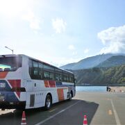 鴛泊港で停車中の観光バスからも利尻富士♪