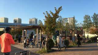 高層マンションの端にある運河に面した公園