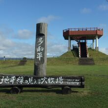 緑の草原の丘の頂上に展望台がある。