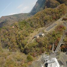 塔から見たダム下部の景色。こちら側は紅葉ビュー。