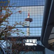 京都駅ビル自体がキャンバスになり、向かい側の京都タワー等のシルエットが綺麗に映っています。