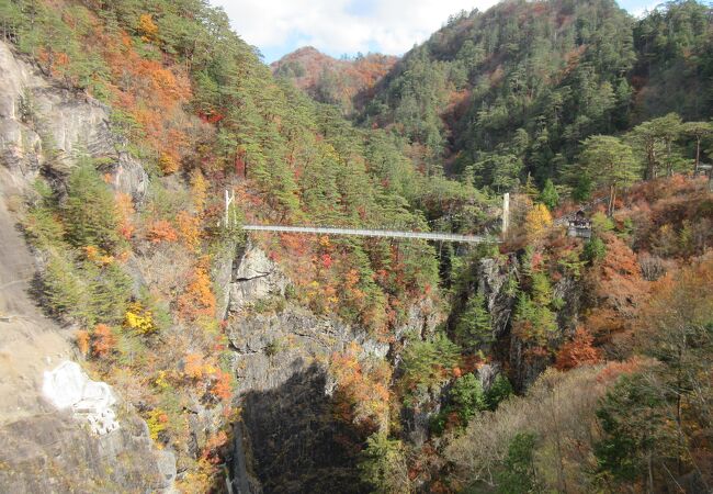 吊り橋から見るダムと峡谷の紅葉は素晴らしいけど、体力と根性も必要です