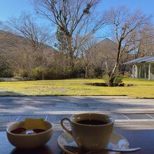 中庭を背景に食後のコーヒー