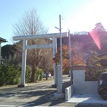 城山公園のふもとにある神社。鳥居の手前から天守閣が見えます