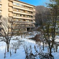 ４階眺望、佳水館と中庭の滝がみえる。