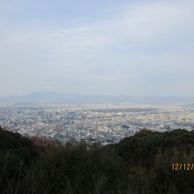 京都市内一望、ひときわ広い緑地帯が【京都御所】。