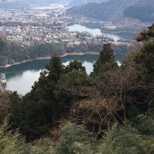 峯の薬師から見下ろす城山ダム。（いちばん奥）湖は津久井湖