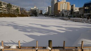 お堀も凍り雪が積もった千秋公園