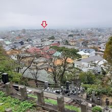 白虎隊自刃の地から望む鶴ヶ城方向。↓が鶴ヶ城の場所。
