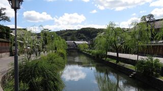 白鳥が優雅に泳ぐ川沿いの街並み。