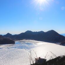 硯岩の上から眺める氷結した榛名湖 