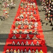 神社石段に飾る雛人形は圧巻