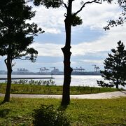 東京港や遠くには羽田空港や海ほたるが見える公園