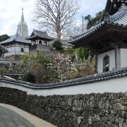 瓦塀と寺院、バックに教会