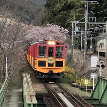 トロッコ亀岡駅に入構するトロッコ列車