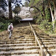 急な階段を登る。