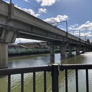 大きな池のある公園。池の上をJRの線路が通る。