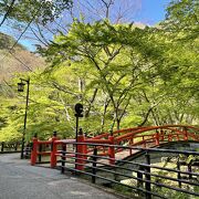 緑豊かな静かな山あいにある赤い橋