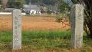 畑の前に石碑があります