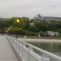 竹島橋から見た蒲郡クラシックホテル（高台の建物）