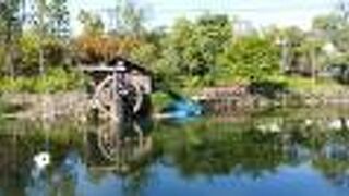 水車と池のある公園