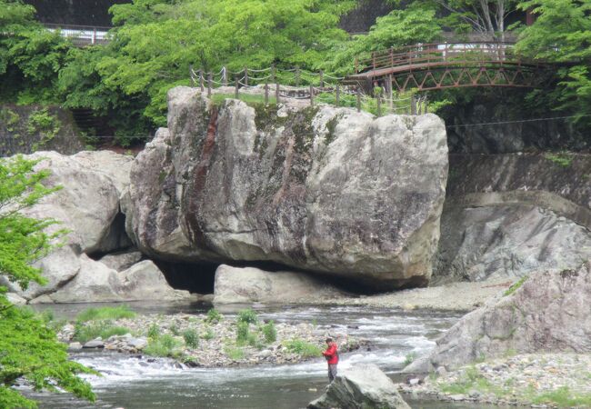 福渡橋から見た天狗岩と野立岩と釣り人の対比で改めて大岩の存在に驚いた