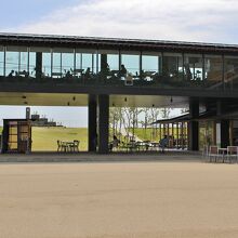 １F奥が芝生広場、２Fがしらす食堂