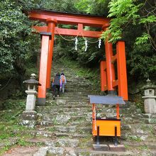 くぐって正面が急な石段、右に女坂