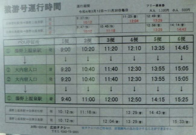 湯野上温泉駅から大内宿までの乗り合いバスが１日６便出ています。