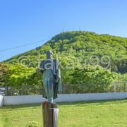 ペリー提督のブロンズ立像が函館山を背にして立っています。