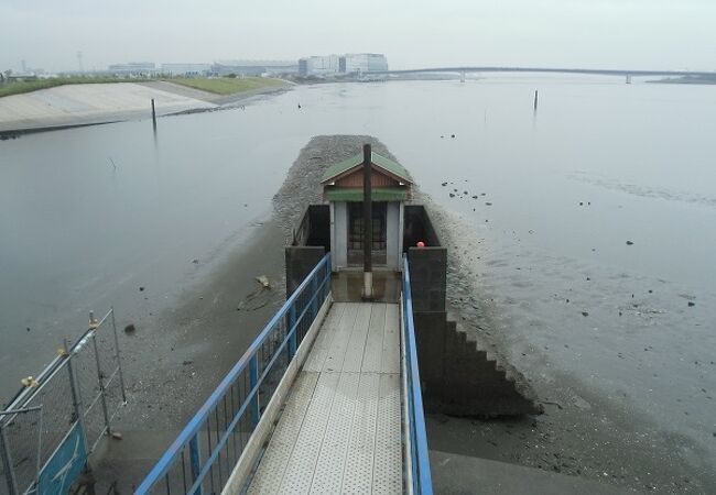 多摩川に突き出た砂地には水難者供養の祠があります