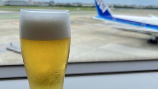 搭乗前に飛行機と一杯