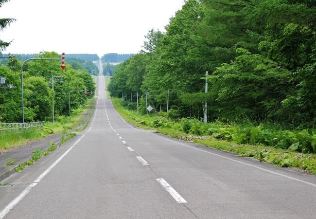 なだらかなアップダウンがどこまでも一直線に続く　北海道らしい道路