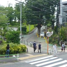 檜坂の北側です。横断歩道の傍に案内板とミッドタウンが見えます