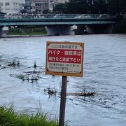 数日前の豪雨で、遊歩道が見えないくらい増水していました