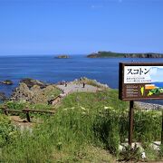 礼文島最北端の岬です。普段は強風が吹く場所なのですが私が訪れた時は快晴無風でとても暑かったです。