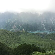 大観峰の展望台からの写真。垂れ下がったロープが見える